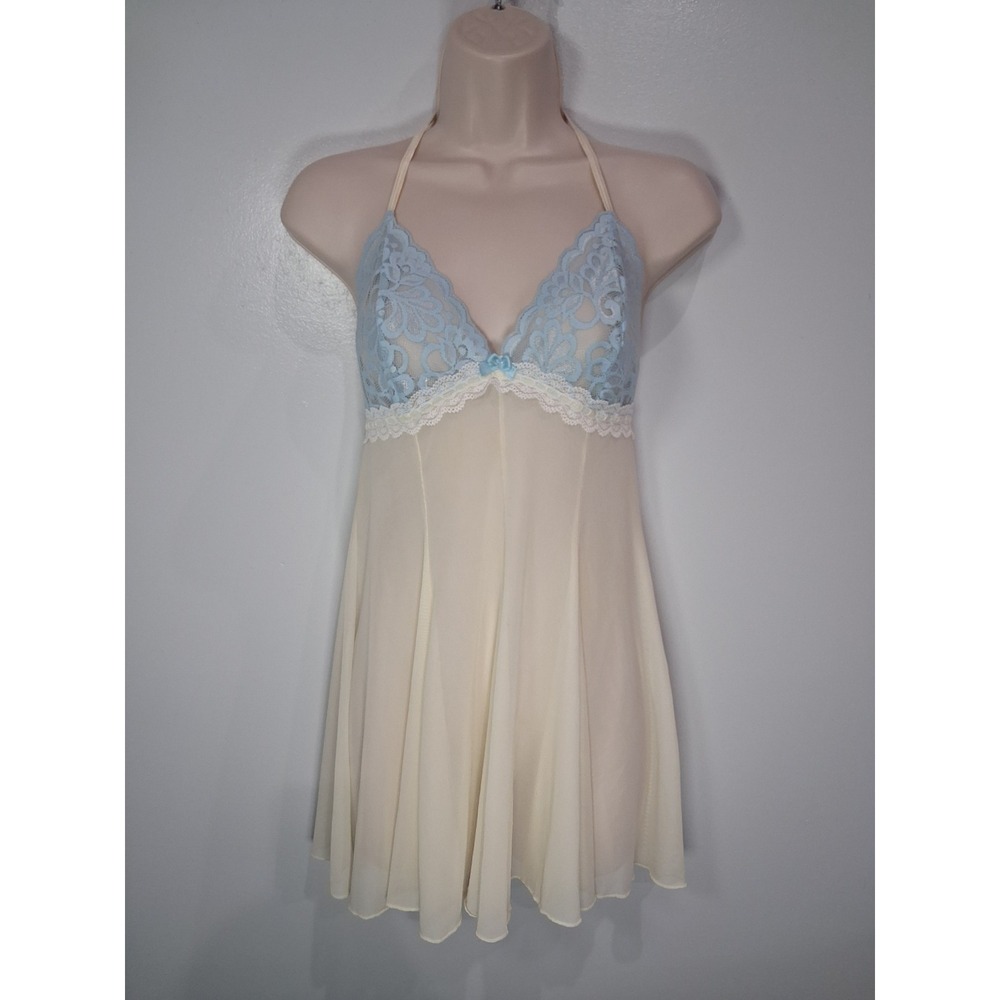 Escante Collection Cream Blue Lace Halter Babydoll Chemise Lingerie Size Large